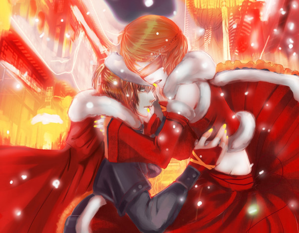 Обои картинки фото аниме, vocaloid, рождество, повязка, kagamine, len, rin, снег, парень, девушка, вокалоид, зима, праздник