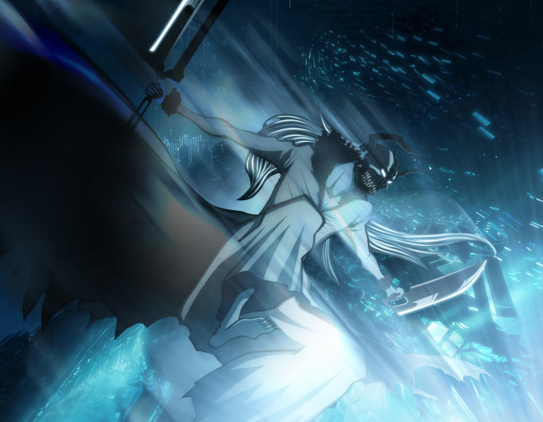 Обои картинки фото аниме, bleach, полет, маска, kurosaki, ichigo, парень, оружие, пустой, клинки, futuretabs, art, блич