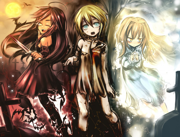 Обои картинки фото аниме, *unknown , другое, kotoba, noriaki, арт, летучие, мыши, солнце, кресты, кровь, клыки, нож, веревка, девушки