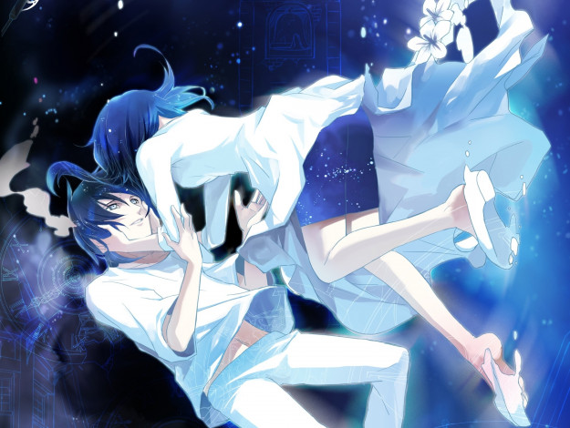 Обои картинки фото аниме, *unknown , другое, ночь, часы, падение, цветы, парень, девушка