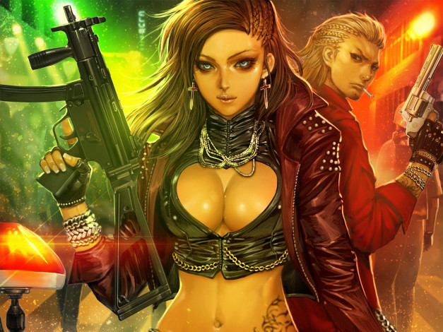 Обои картинки фото аниме, -weapon,  blood & technology, девушка, украшения, сигарета, огни, оружие, парень, крестики