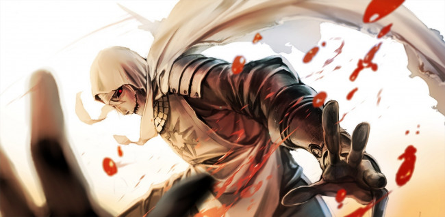 Обои картинки фото аниме, -angels & demons, капюшон, арт, otani, gloria, парень, кровь