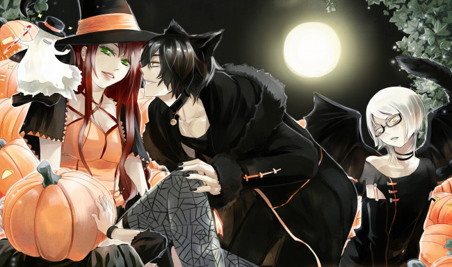 Обои картинки фото аниме, -halloween & magic, halloween, парень, тыква, уши, шляпа, девушки, арт, луна, ночь