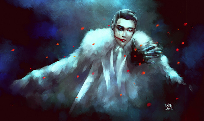 Обои картинки фото аниме, -weapon,  blood & technology, парень, nanfe, арт, лепестки, глаза, кровь, перчатки, мех, галстук