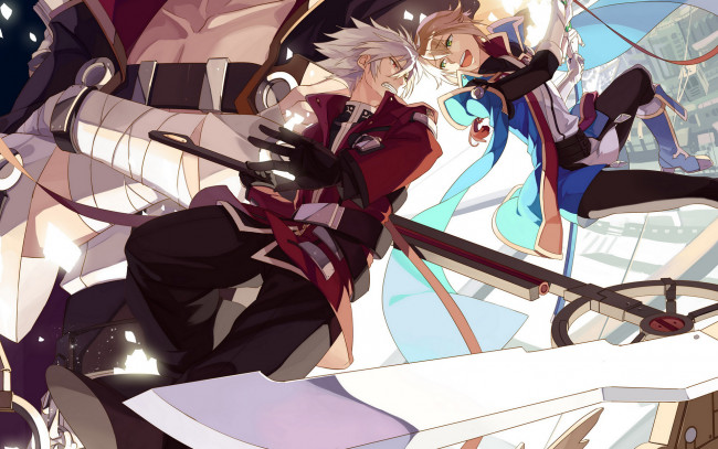 Обои картинки фото аниме, blazblue, парень, девушка, битва