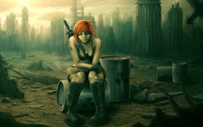 Обои картинки фото фэнтези, девушки, бочки, оружие, воин, постапокалипсис, девушка, ботинки