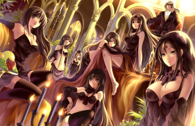 Обои картинки фото аниме, mikeou, парень, девушки, myhilary, art, гарем, свечи, фрукты, улыбки, взгляд