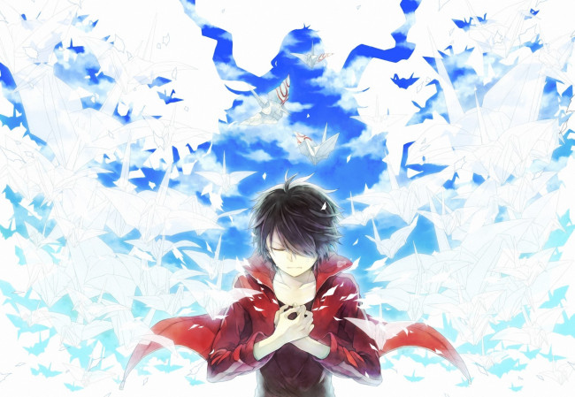 Обои картинки фото аниме, vocaloid, парень, оригами, птицы
