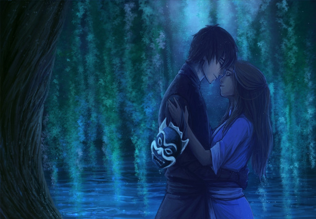 Обои картинки фото аниме, avatar,  the last airbender, арт, zuko, katara, девушка, парень, маска, вода, дерево, ночь
