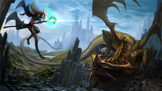 Обои картинки фото фэнтези, драконы, схватка, эльф, дракон, мир, иной