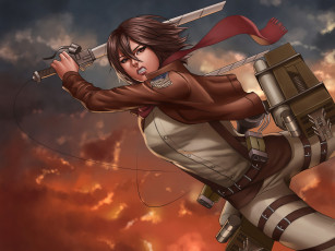 Картинка аниме shingeki+no+kyojin фон взгляд девушка