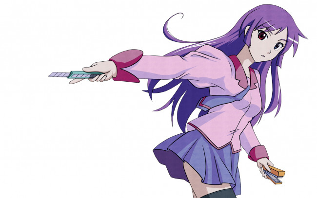 Обои картинки фото аниме, bakemonogatari, девушка, взгляд, фон