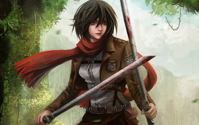 Обои картинки фото аниме, shingeki no kyojin, фон, взгляд, девушка