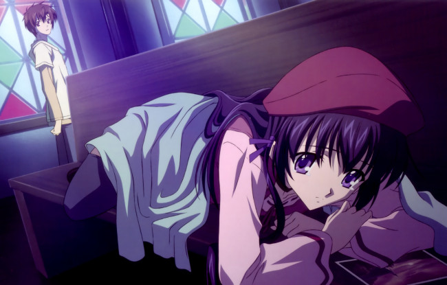 Обои картинки фото аниме, sola, скамейка, парень, девушка, берет, витражи, окна