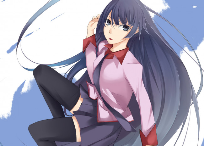 Обои картинки фото аниме, bakemonogatari, фон, взгляд, девушка