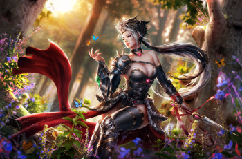 Картинка фэнтези девушки adalia волосы нож девушка бабочки лес грудь эльф платье