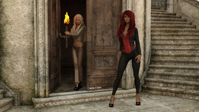 Обои картинки фото 3д графика, фантазия , fantasy, фон, взгляд, девушки