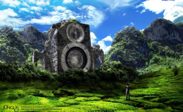 Картинка разное компьютерный+дизайн горы скалы лес колонки луг человек