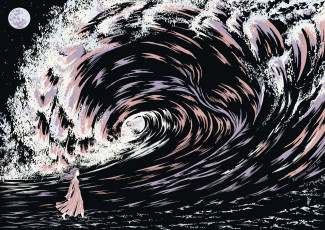 обоя векторная графика, девушки , girls, волна, девушка, луна
