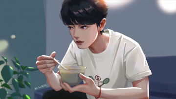 Картинка рисованное люди сяо чжань футболка еда