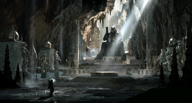 Обои картинки фото видео игры, anthem, статуи, человек, храм, луч