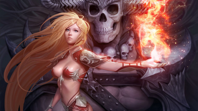 Обои картинки фото видео игры, perfect world,  total war, девушка, магия, огонь, монстр