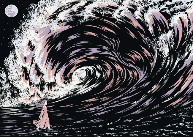 Обои картинки фото векторная графика, девушки , girls, волна, девушка, луна