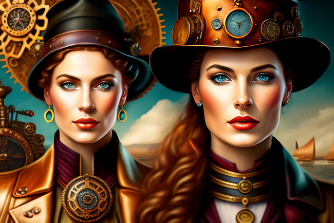 Обои картинки фото две девушки вместе, фэнтези, девушки, арт, две, шляпы, цифровое, искусство, диджитал, ии-арт, нейросеть, цифровая, картина, искусственного, интеллекта