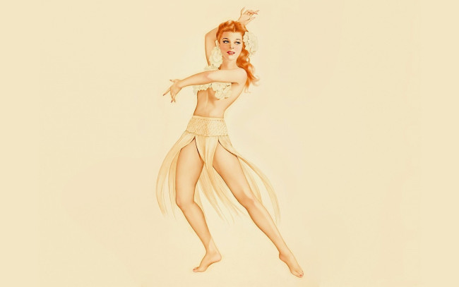 Обои картинки фото рисованное, alberto vargas, рыжая, цветы, юбка, танец