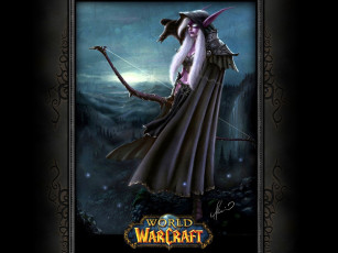 обоя видео игры, world of warcraft, эльфийка, плащ, лучница, ворон