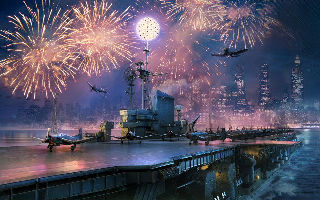 Обои картинки фото видео игры, world of warships, корабль, авианосец, самолеты, салют, город, огни