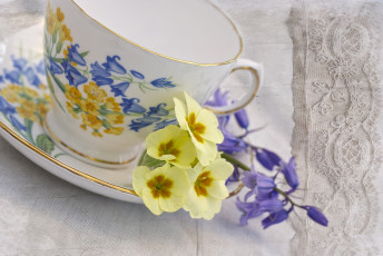 Картинка разное посуда столовые приборы кухонная утварь колокольчики примула чашка