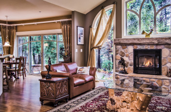 Картинка интерьер гостиная окна столик камин диван