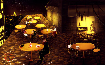 Картинка рисованные города столики кафе улица набережная