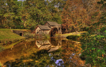 Картинка разное мельницы лес река колесо