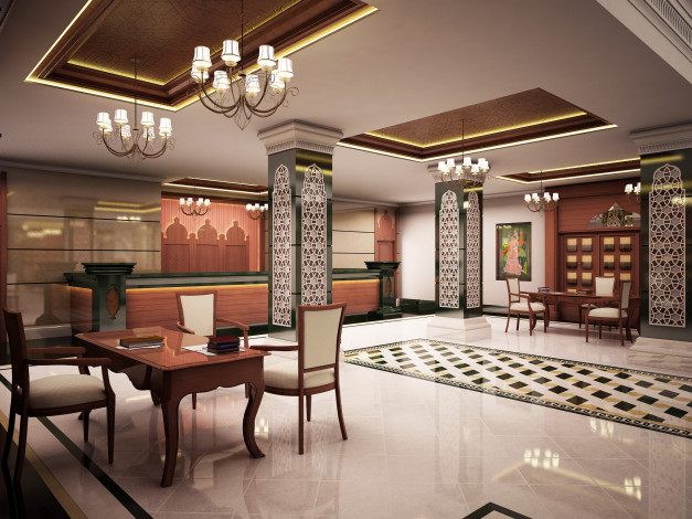 Обои картинки фото 3д, графика, realism, реализм, зал, стол, мтулья