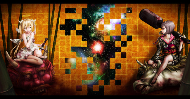 Обои картинки фото by, pi, pppppchang, аниме, angels, demons, рога, нимб, космос, булава, меч, крылья, черт, единорог, ангел, демон, девушки