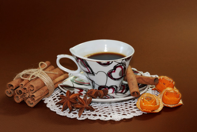 Обои картинки фото еда, кофе, кофейные, зёрна, чашка, корица, бадьян