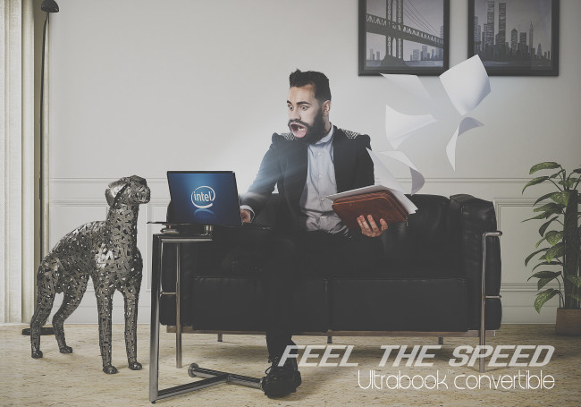 Обои картинки фото intel, бренды, ноутбук, парень, бумага, собака, лэптоп, скорость