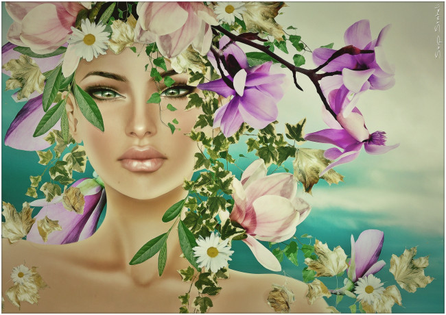 Обои картинки фото 3д, графика, portraits, портрет, лицо, цветы