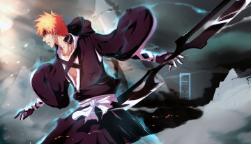 Картинка аниме bleach кровь оружие блич дым магия раны art ifragmentix парень kurosaki ichigo