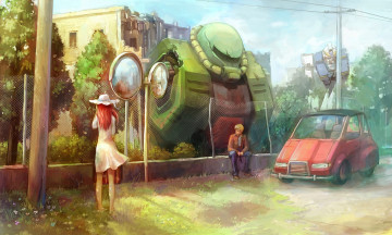 Картинка аниме -weapon +blood+&+technology mobile suit gundam alex bernard wiseman christina mackenzie zaku ii меха робот город парень девушка забор машина шляпа здания