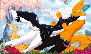 Картинка рисованные животные +сказочные +мифические самка волки объятия сказочные самец