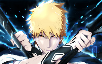 Картинка аниме bleach блич магия оружие улыбка взгляд art ifragmentix парень kurosaki ichigo