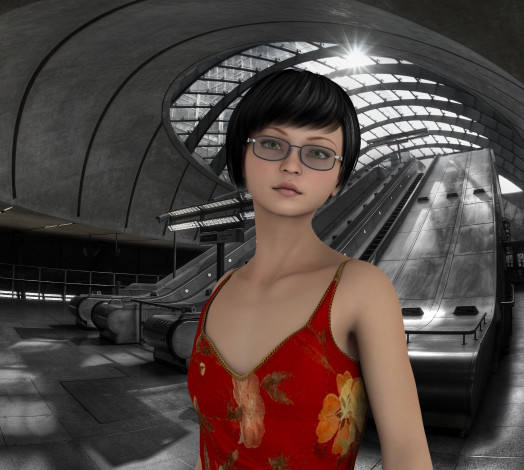 Обои картинки фото 3д графика, people , люди, взгляд, девушка, эскалатор, метро, очки