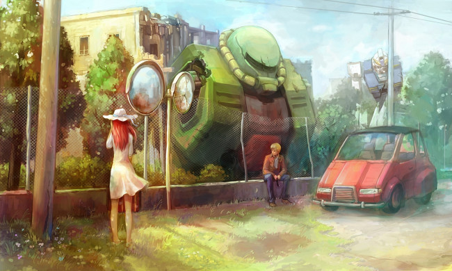 Обои картинки фото аниме, -weapon,  blood & technology, mobile, suit, gundam, alex, bernard, wiseman, christina, mackenzie, zaku, ii, меха, робот, город, парень, девушка, забор, машина, шляпа, здания