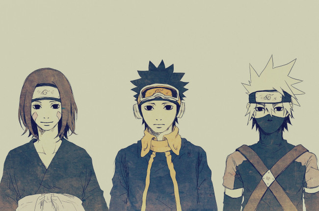 Обои картинки фото аниме, naruto, art, kakashi, team, minato, obito, rin
