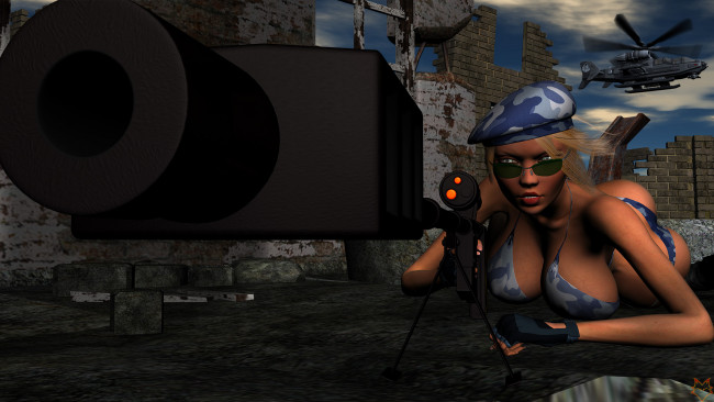 Обои картинки фото 3д графика, фантазия , fantasy, девушка, оружие, фон, взгляд