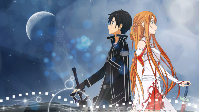 Обои картинки фото sword art online, аниме, девушка, парень, фон, взгляд
