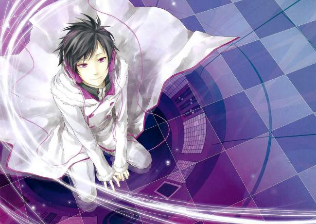 Обои картинки фото аниме, durarara, art, sora, sumeragi, izaya, orihara, сидит, плащ, наушники, мех, шахматная, клетка
